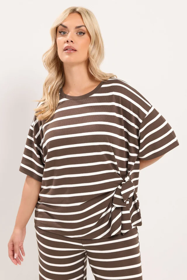 Yours Curve Chocolate Brown Stripe Side Knot Soft Touch Top