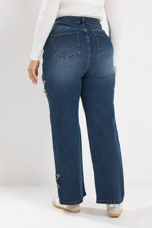 Yours Curve Mid Blue Star Embroidered Jeans - 28/L28 Image 3