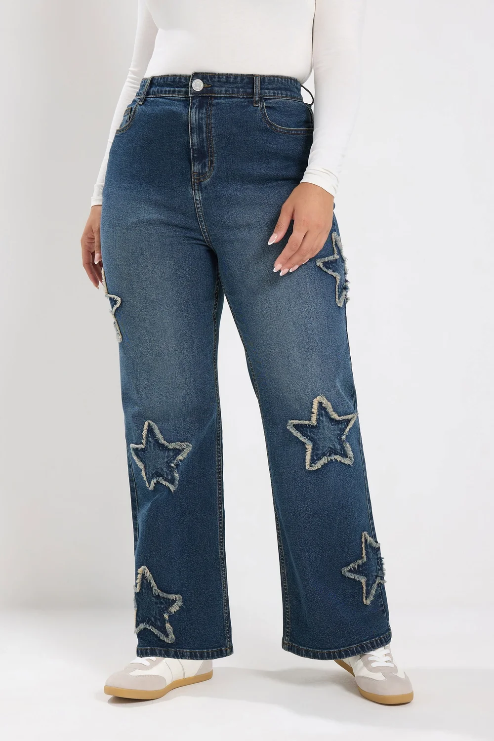 Yours Curve Mid Blue Star Embroidered Jeans - 28/L28 Image 1