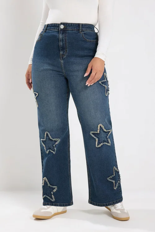 Yours Curve Mid Blue Star Embroidered Jeans - 28/L28 Image 1