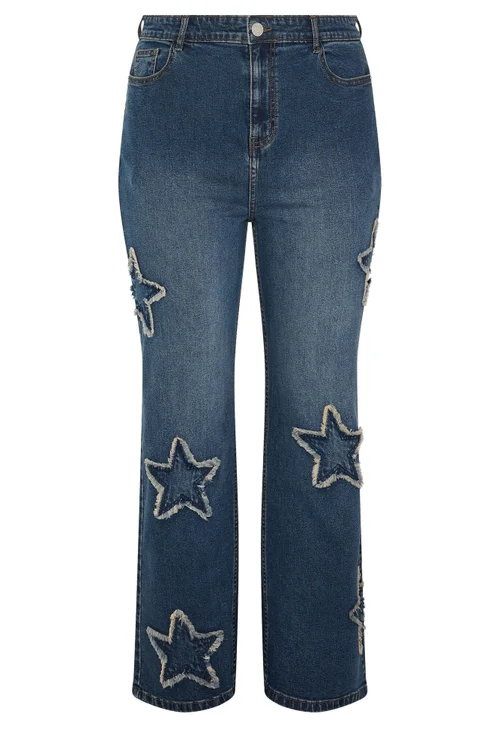 Yours Curve Mid Blue Star Embroidered Jeans - 28/L28 Image 5
