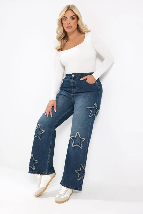 Yours Curve Mid Blue Star Embroidered Jeans - 28/L28 Image 2