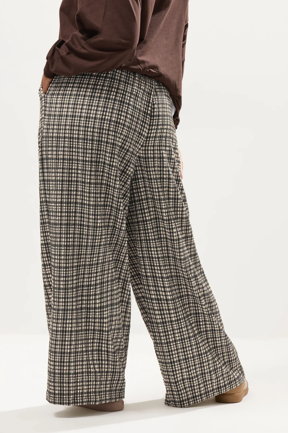 Yours Curve Natural Brown Gingham Wide Leg Texture Trousers - 34-36/L28 Image 3