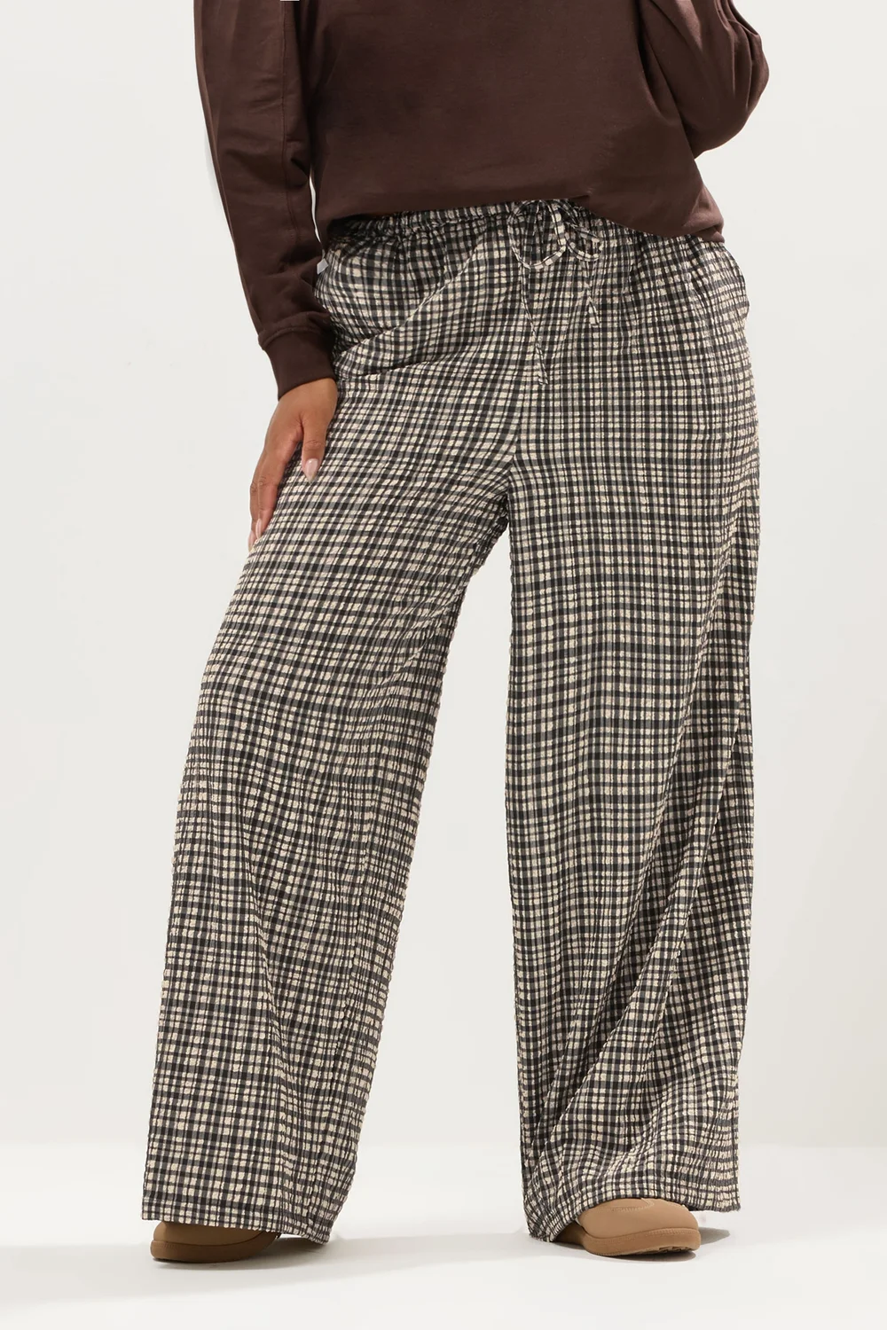 Yours Curve Natural Brown Gingham Wide Leg Texture Trousers - 34-36/L28 Image 1