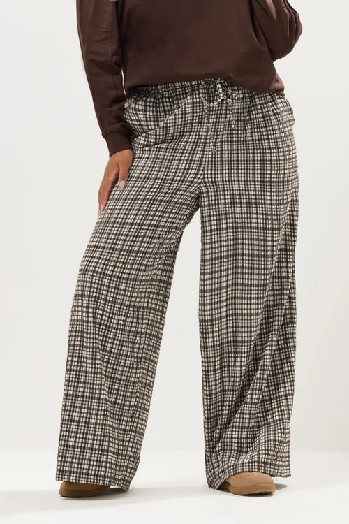 Yours Curve Natural Brown Gingham Wide Leg Texture Trousers - 34-36/L28 Image 1