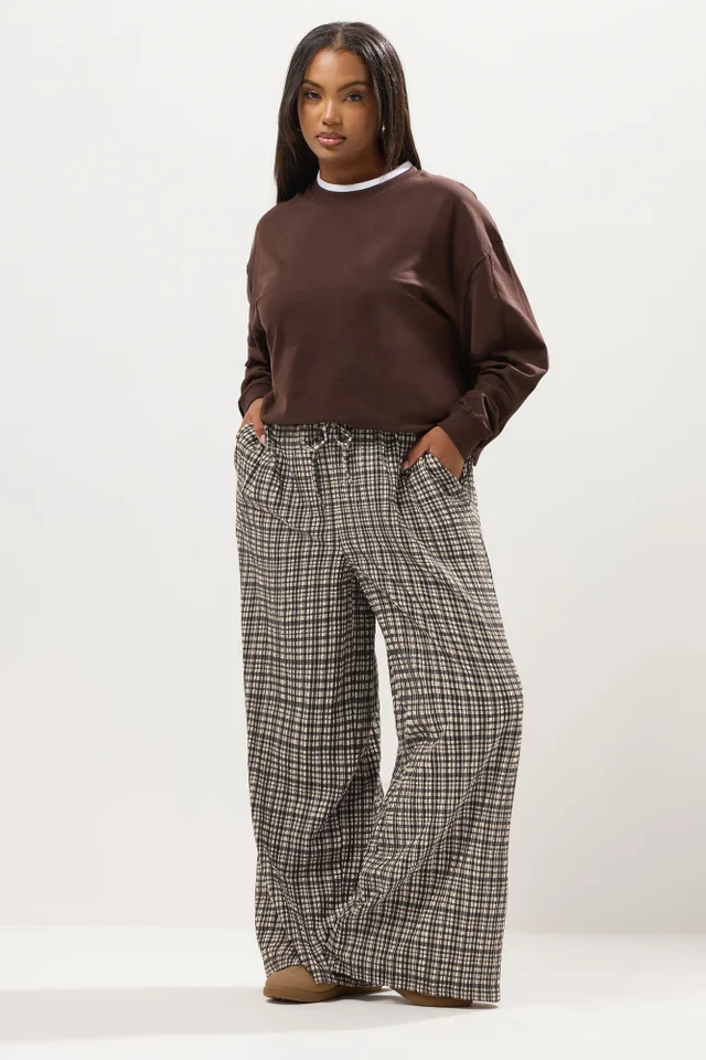 Yours Curve Natural Brown Gingham Wide Leg Texture Trousers