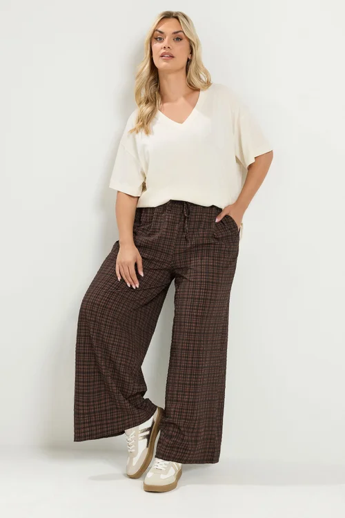 Yours Curve Chocolate Brown Gingham Wide Leg Texture Trousers - 16/L30 Image 2