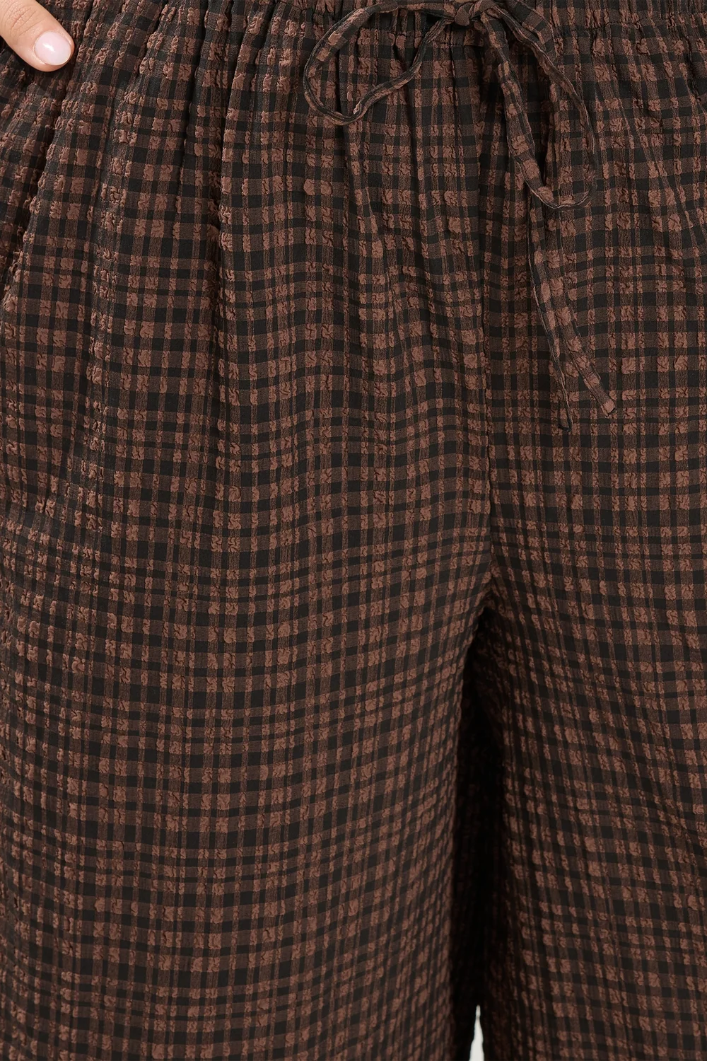 Yours Curve Chocolate Brown Gingham Wide Leg Texture Trousers - 16/L30 Image 4