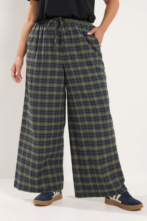 Yours Curve Green Check Wide Leg Woven Trousers - 22-24/L30 Image 1