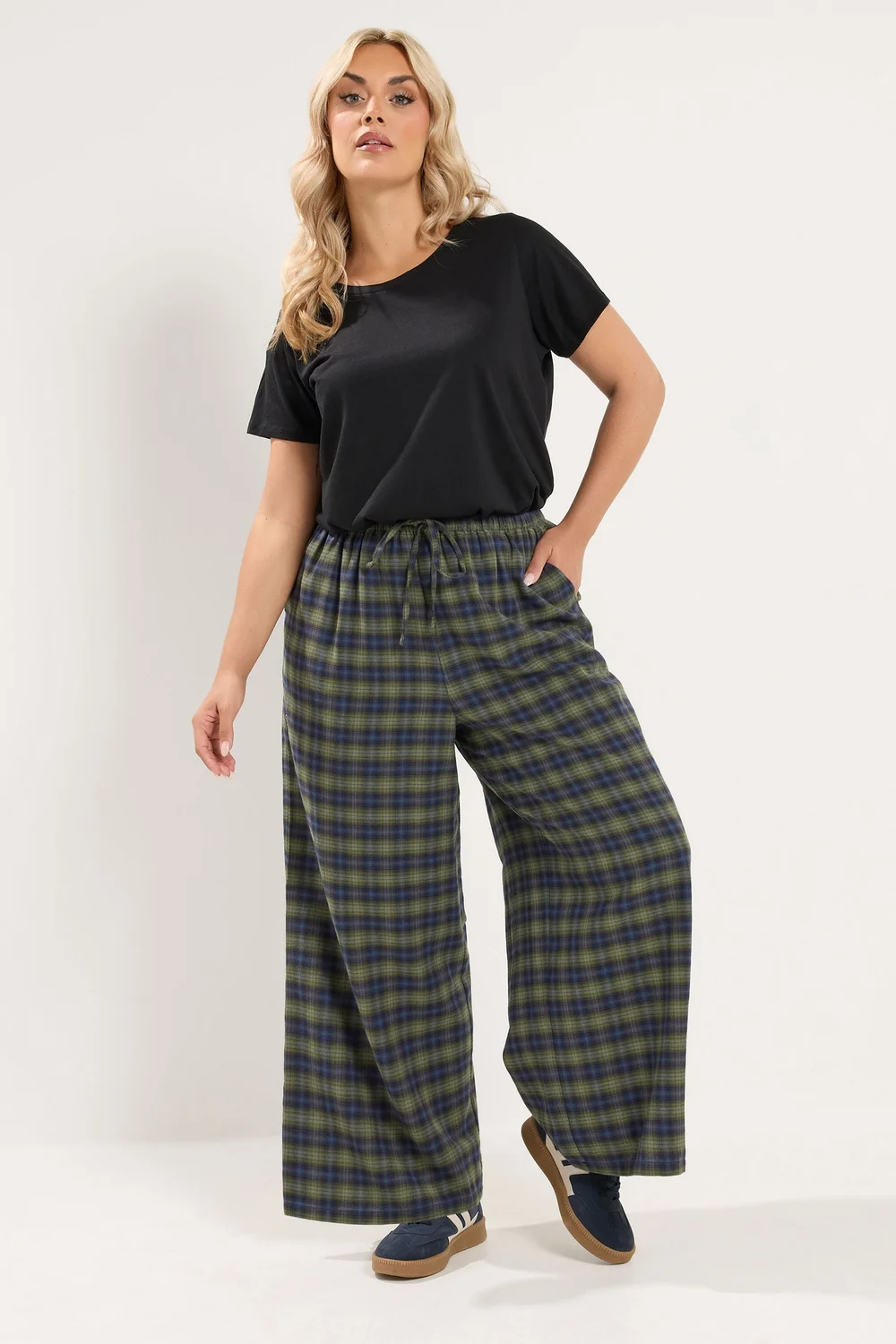 Yours Curve Green Check Wide Leg Woven Trousers - 22-24/L30 Image 2