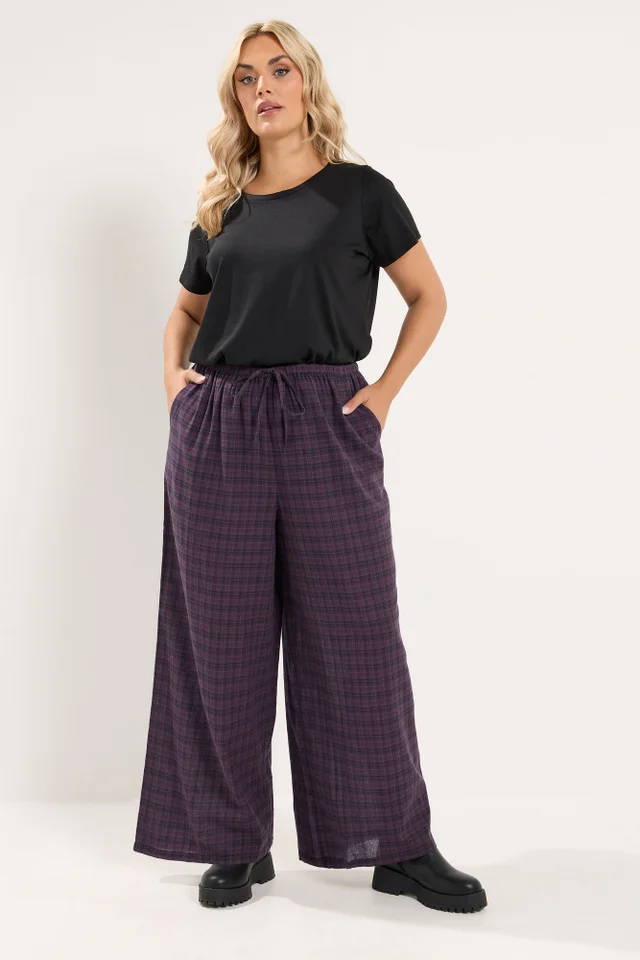 Yours Curve Burgundy Red Check Wide Leg Woven Trousers