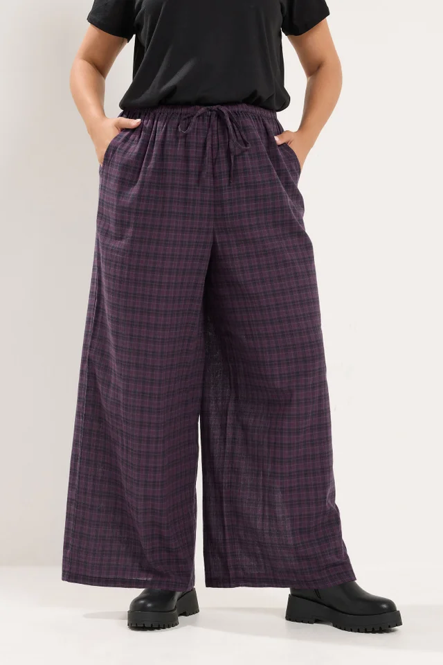 Yours Curve Burgundy Red Check Wide Leg Woven Trousers