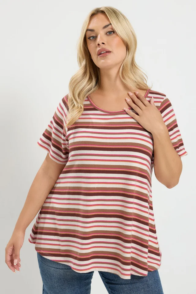 Yours Curve Natural Brown & Pink Stripe Ribbed Top