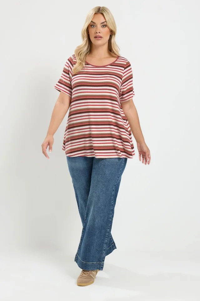 Yours Curve Natural Brown & Pink Stripe Ribbed Top