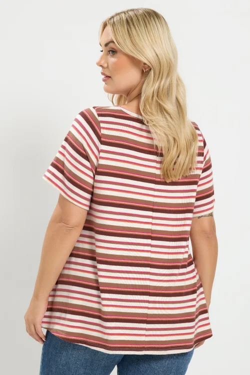 Yours Curve Natural Brown & Pink Stripe Ribbed Top - 20 Image 3