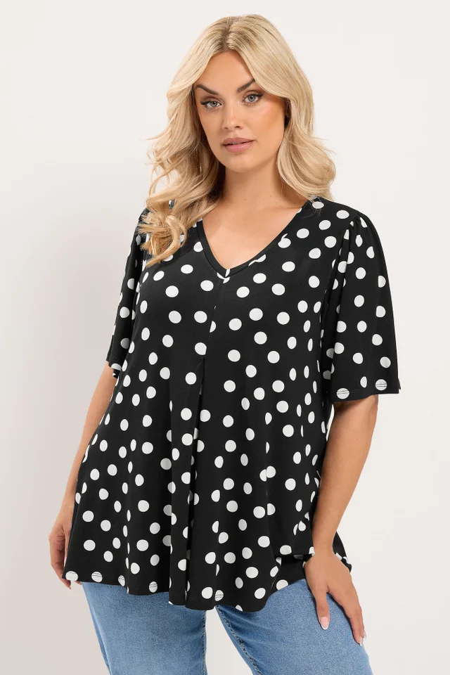 Yours Curve Black Polka Dot Pleated Front Top