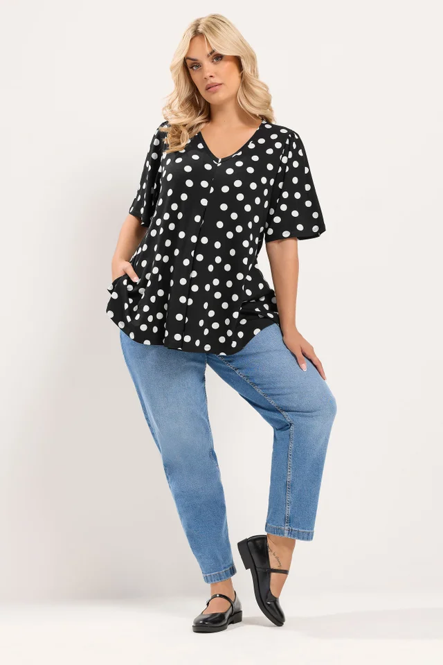 Yours Curve Black Polka Dot Pleated Front Top