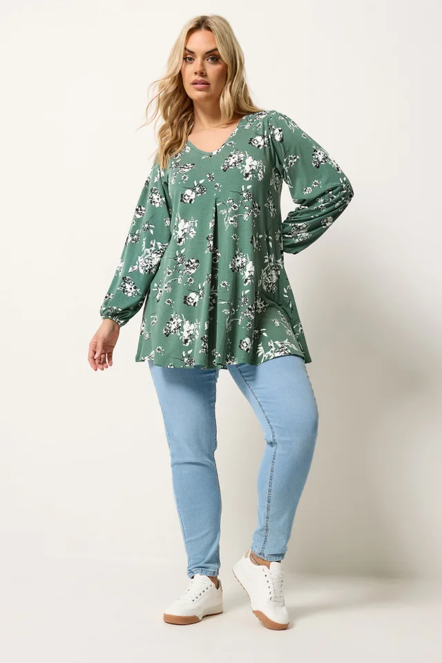 Yours Curve Green Floral Pleated Front Top