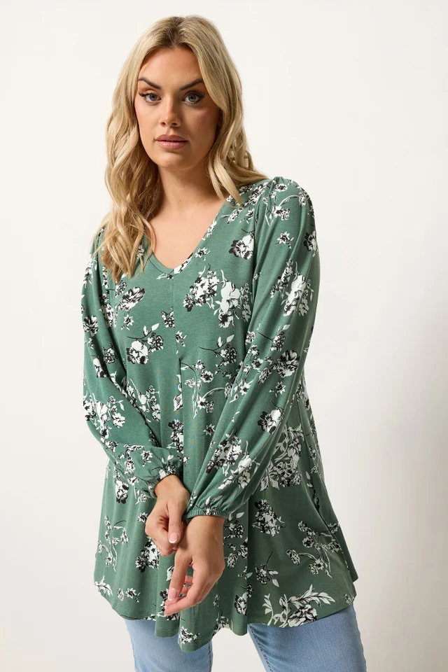 Yours Curve Green Floral Pleated Front Top