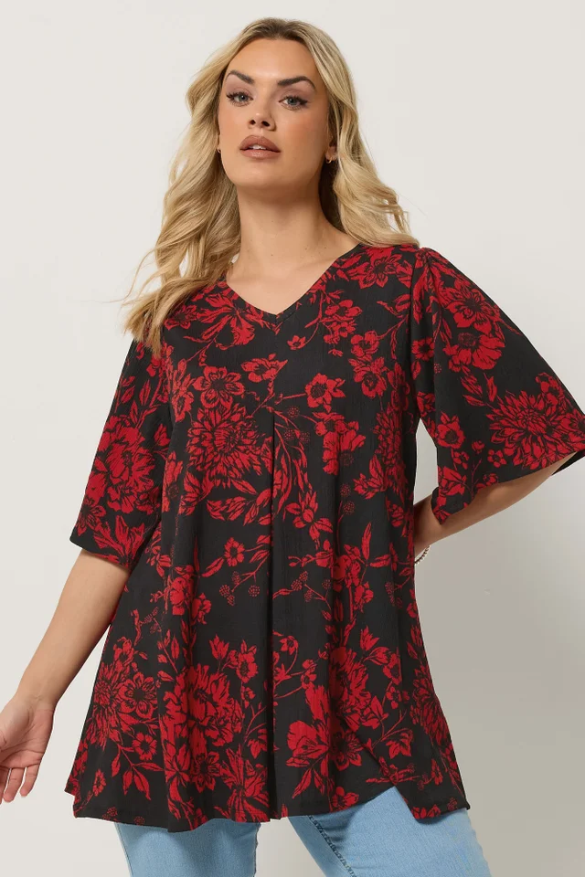 Yours Curve Black & Red Floral Pleat Front Top