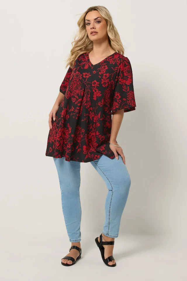 Yours Curve Black & Red Floral Pleat Front Top
