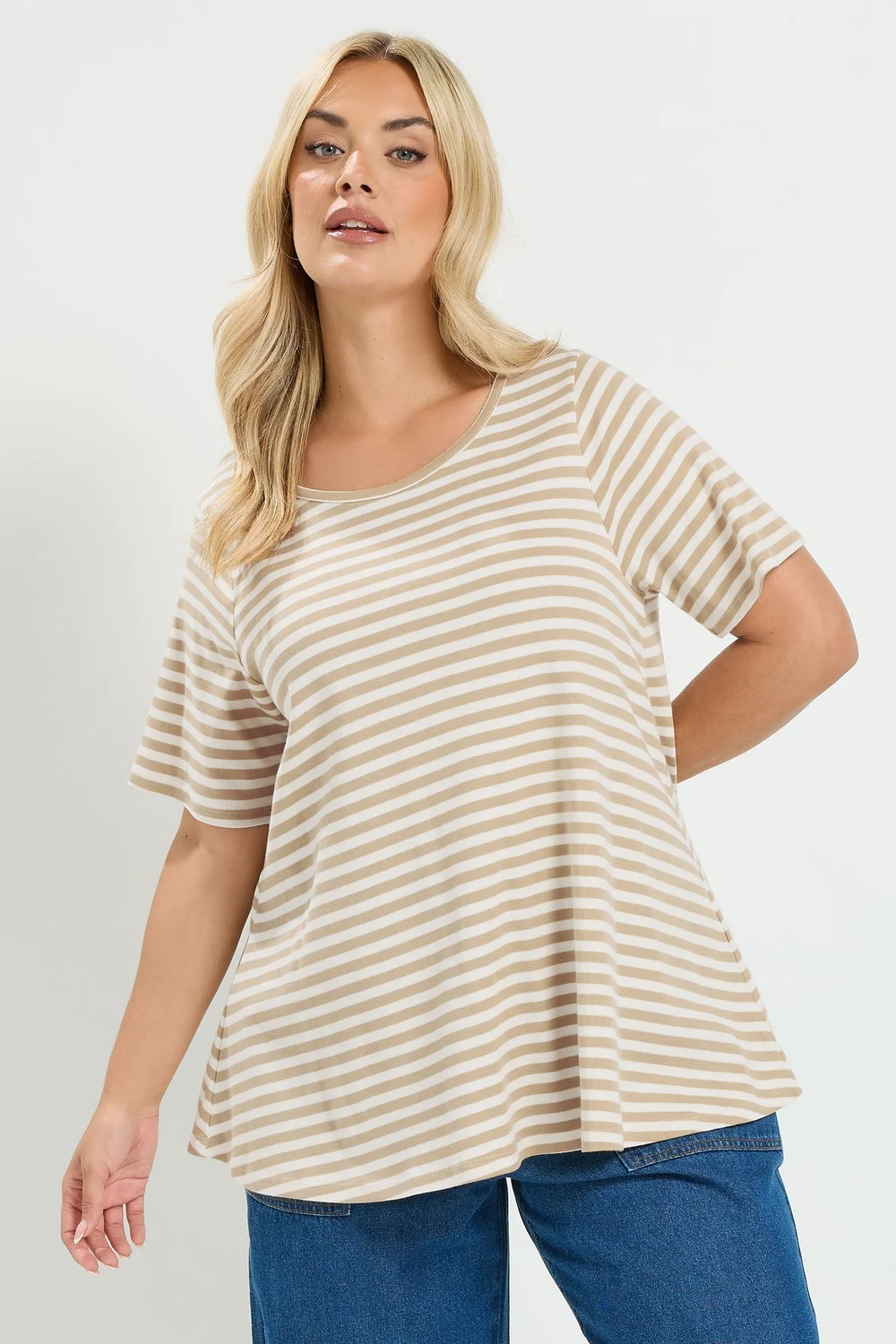 Yours Curve Natural Brown Stripe Top - 26-28 Image 1