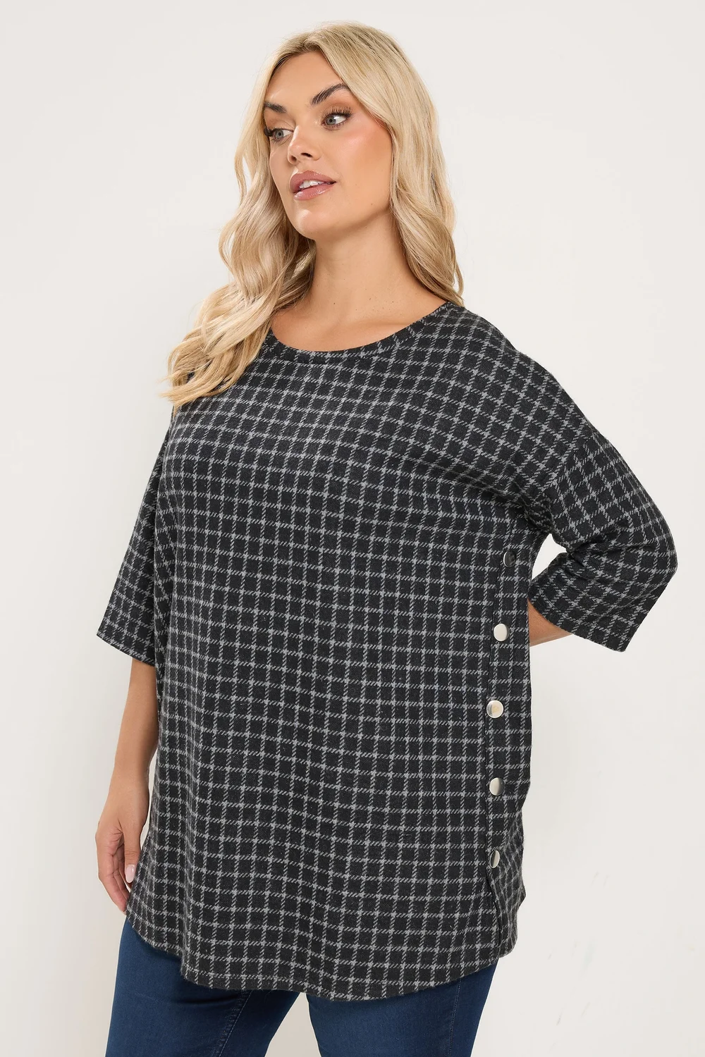 Yours Curve Black Checked Side Button Top - 22-24 Image 1