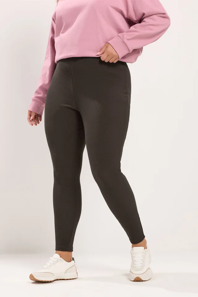 Yours Curve Chocolate Brown Rib Leggings