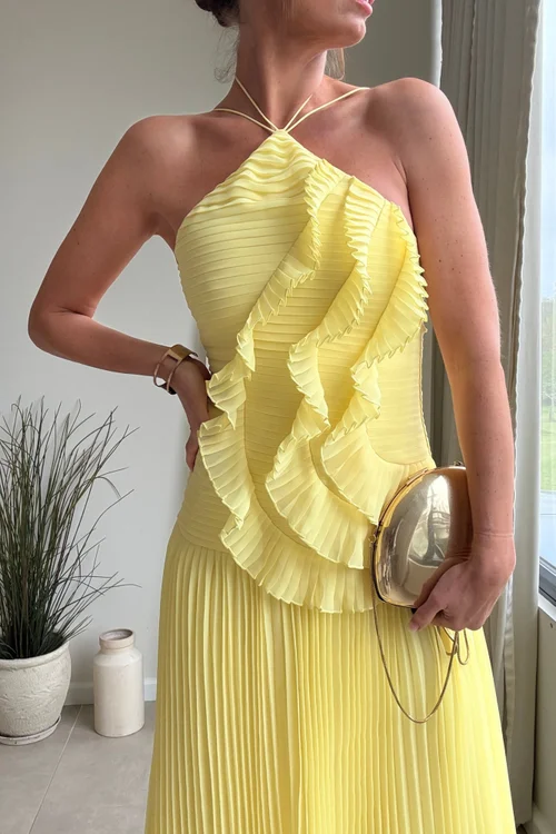Style Cheat Yellow Pleated Halter Maxi Dress - 14 Image 5
