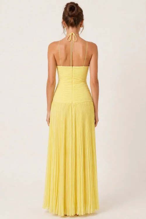 Style Cheat Yellow Pleated Halter Maxi Dress - 14 Image 3
