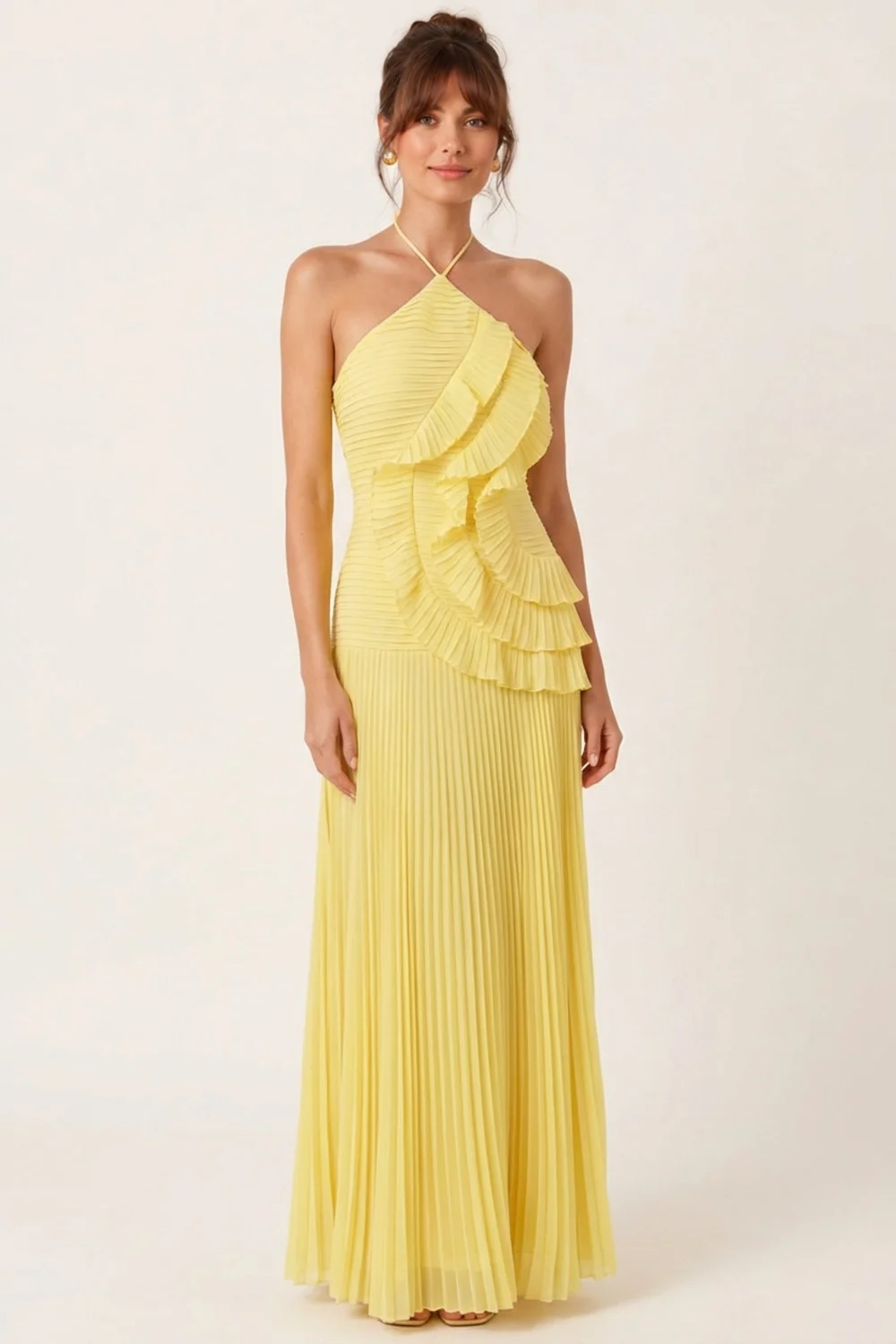 Style Cheat Yellow Pleated Halter Maxi Dress - 14 Image 1