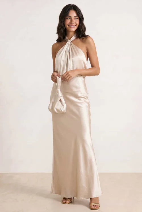 Style Cheat Champagne Twist Neck Satin Maxi Dress - 12 Image 6