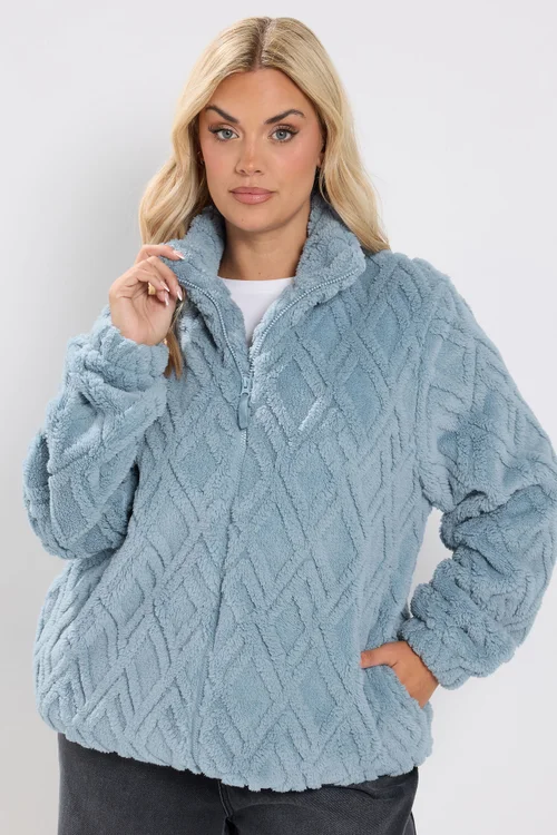 Yours Curve Blue Textured Fleece Jacket - 16 Image 1