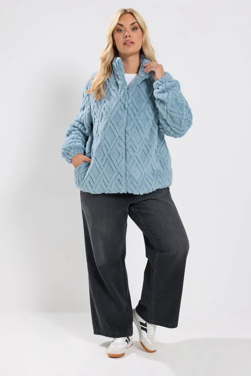 Yours Curve Blue Textured Fleece Jacket - 16 Image 2