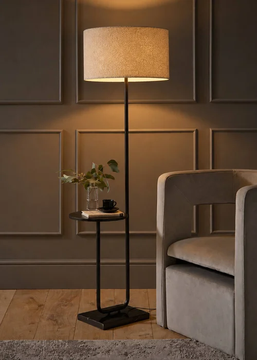 ValueLights Tavel Matt Black Floor Lamp with Cream Boucle Shade - One Size Image 1