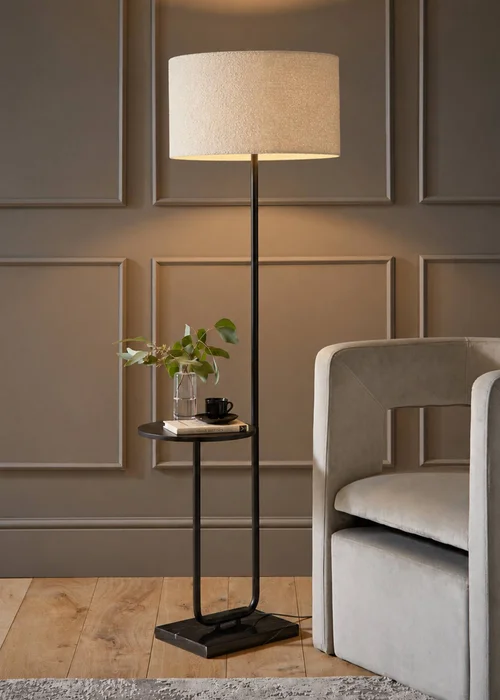 ValueLights Tavel Matt Black Floor Lamp with Cream Boucle Shade - One Size Image 2