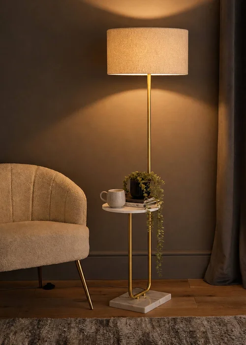 ValueLights Tavel Brushed Gold Floor Lamp with Cream Boucle Shade - One Size Image 1