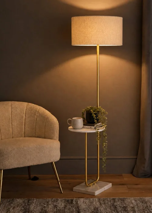 ValueLights Tavel Brushed Gold Floor Lamp with Cream Boucle Shade - One Size Image 2