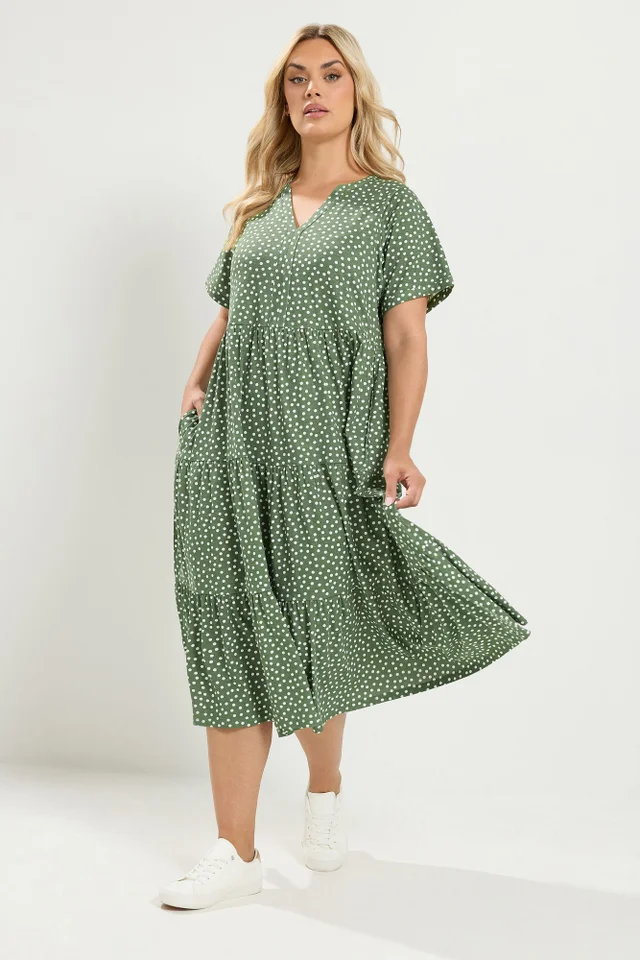Yours Curve Sage Green Polka Dot Tiered Dress
