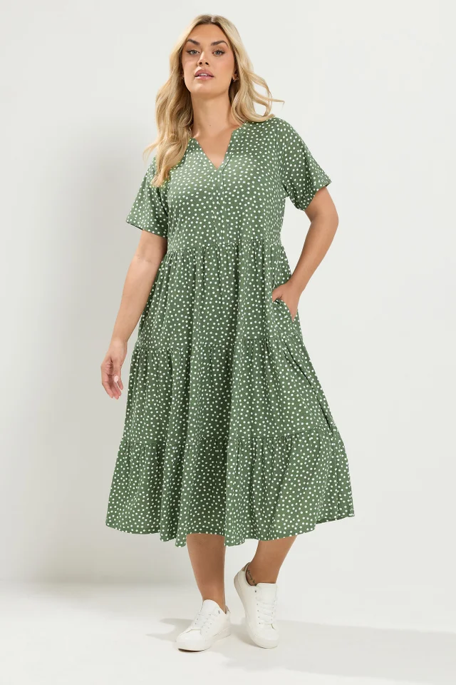 Yours Curve Sage Green Polka Dot Tiered Dress