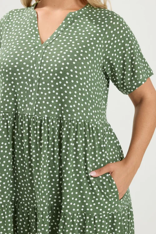 Yours Curve Sage Green Polka Dot Tiered Dress - 18 Image 4