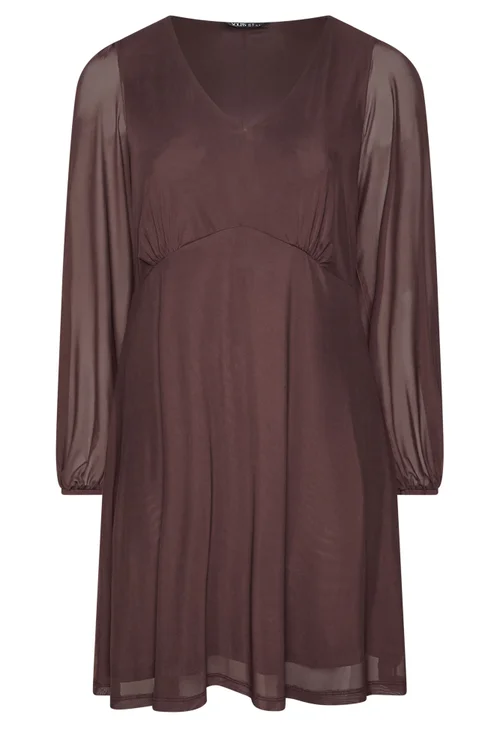 Yours Curve Chocolate Brown Balloon Sleeve Mesh Dress - 34-36 Image 5
