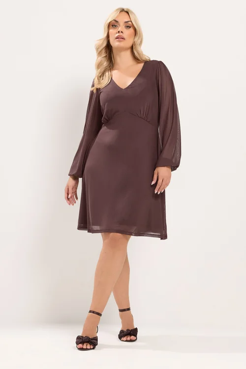 Yours Curve Chocolate Brown Balloon Sleeve Mesh Dress - 34-36 Image 2