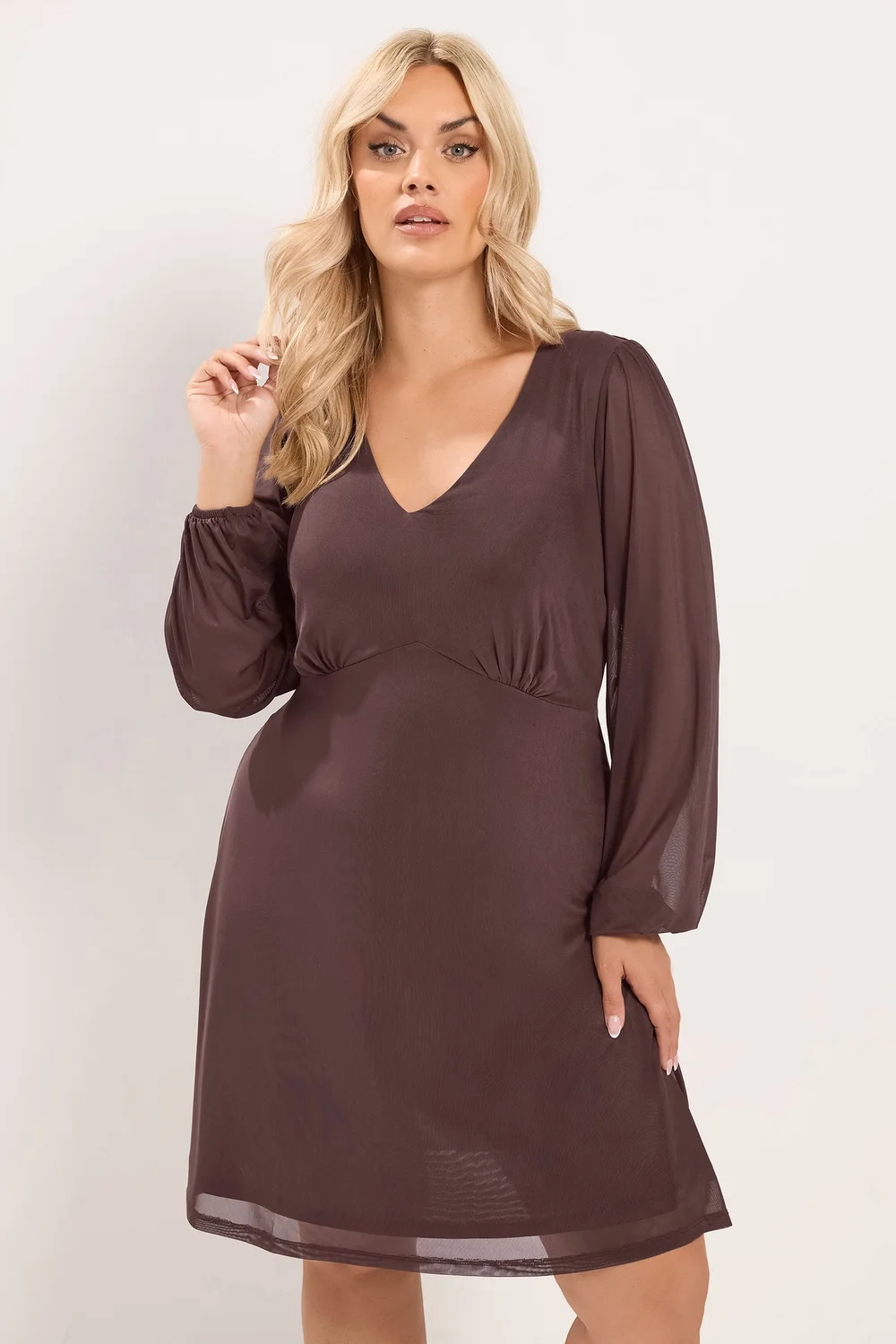 Yours Curve Chocolate Brown Balloon Sleeve Mesh Dress - 34-36 Image 1