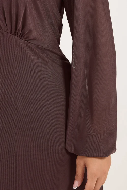 Yours Curve Chocolate Brown Balloon Sleeve Mesh Dress - 34-36 Image 4