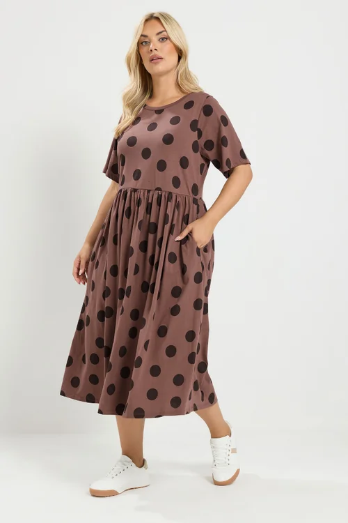 Yours Curve Mocha Brown Spot Dress - 22-24 Image 3