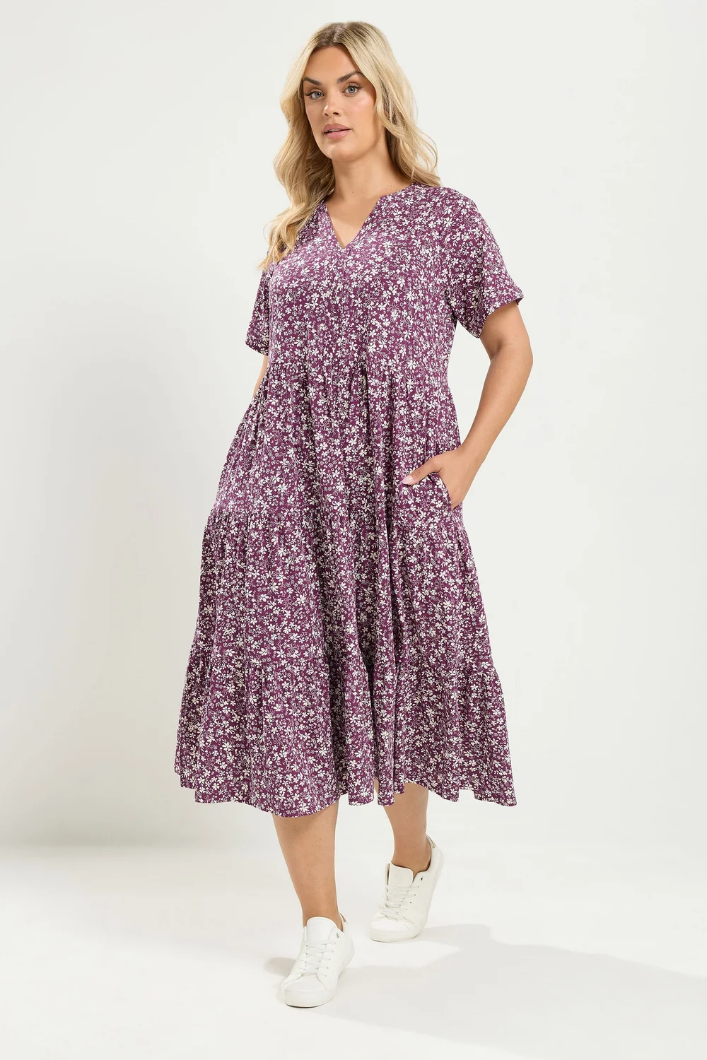 Yours Curve Purple Floral Tiered Dress - 14 Image 1
