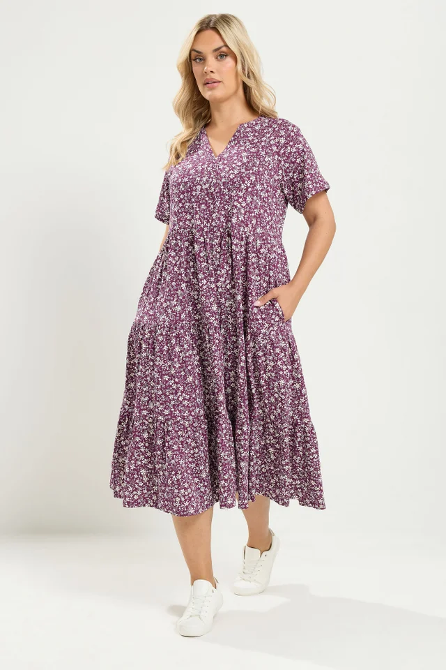 Yours Curve Purple Floral Tiered Dress