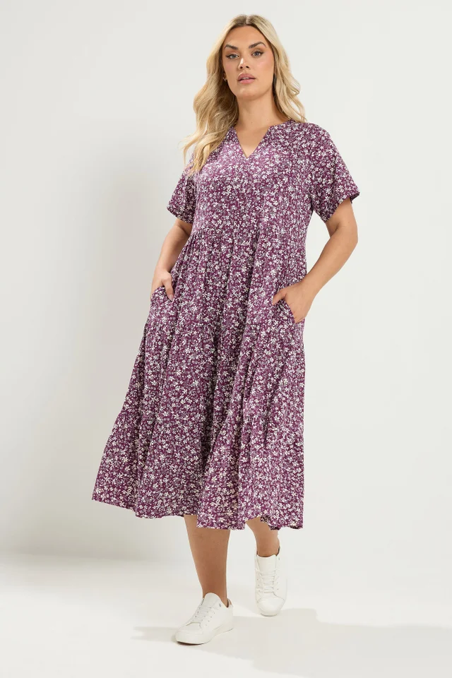 Yours Curve Purple Floral Tiered Dress