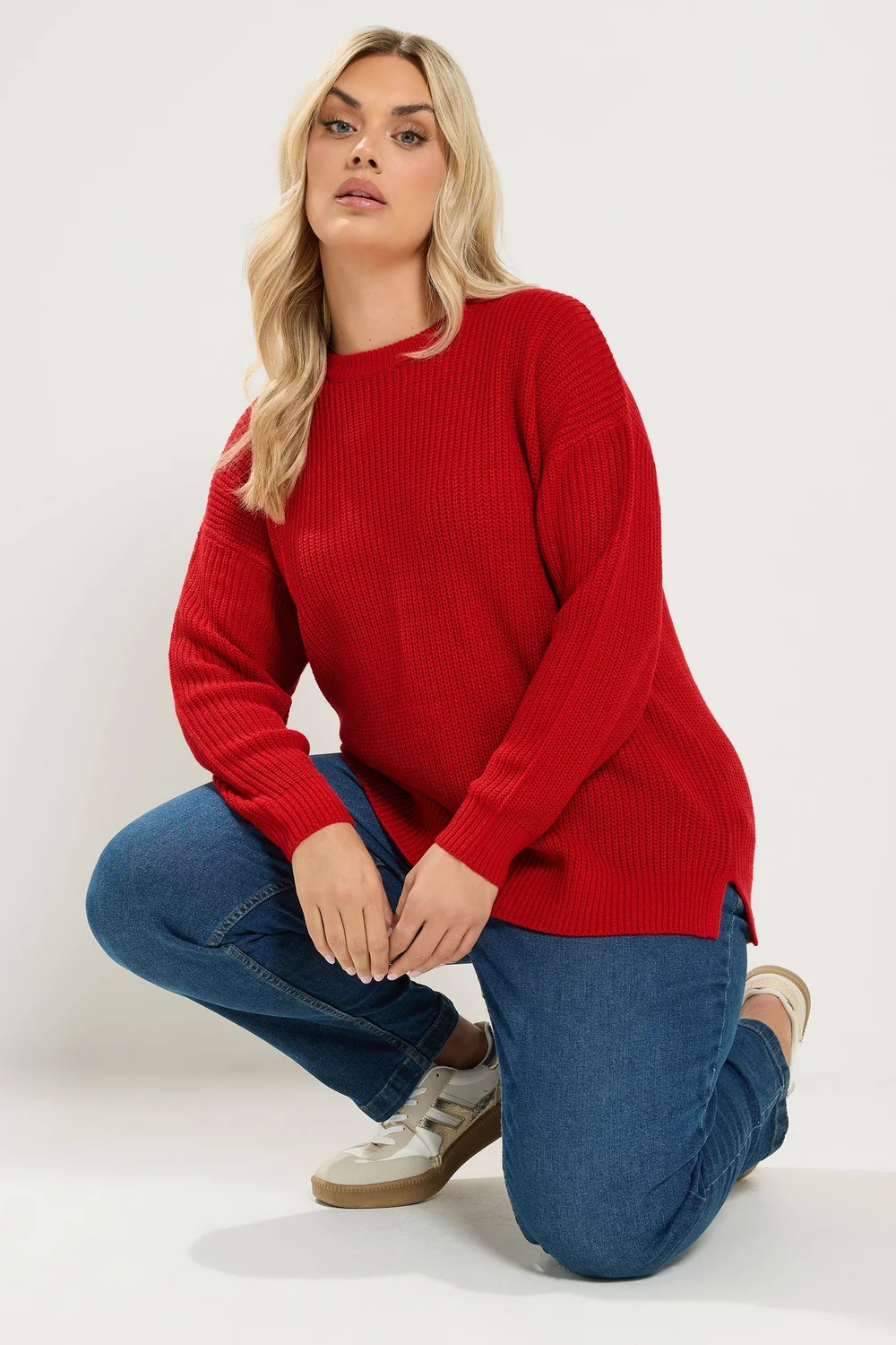 Yours Curve Red Crew Neck Knitted Jumper - 14-16 Image 1